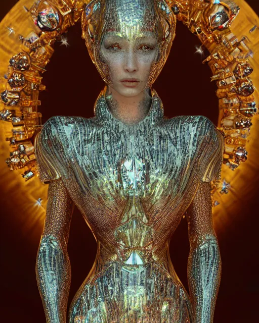 Image similar to a highly detailed metahuman 4 k close up render of an alien goddess bella hadid statue in iris van herpen dress schiaparelli in diamonds crystals swarovski and jewelry iridescent in style of alphonse mucha gustav klimt trending on artstation made in unreal engine 4