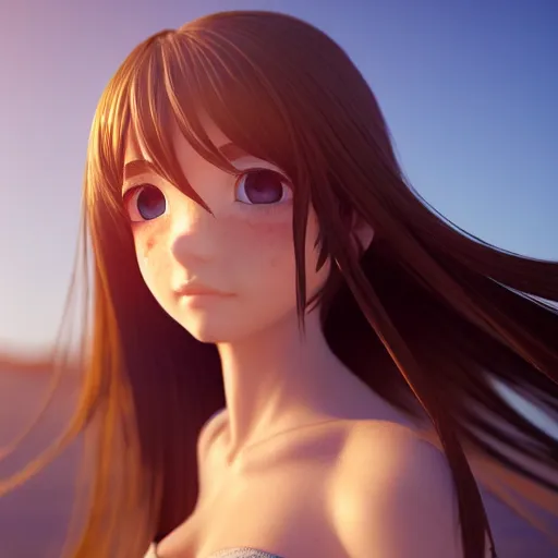 Image similar to Render of a very beautiful 3d anime girl, long hair, hazel eyes, cute freckles, full round face, short smile, cute sundress, golden hour, serene beach setting, medium shot, mid-shot, highly detailed, trending on Artstation, Unreal Engine 4k