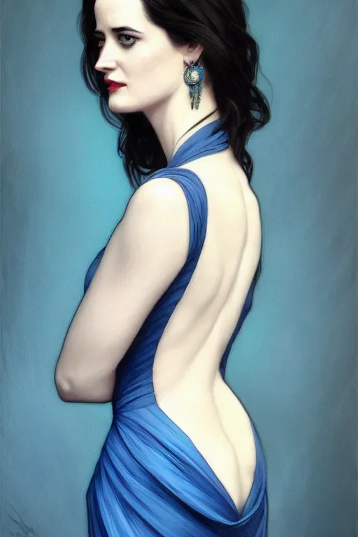 Prompt: eva green in a blue dress, realistic portrait, symmetrical, highly detailed, digital painting, artstation, concept art, smooth, sharp focus, illustration, cinematic lighting, art by artgerm and greg rutkowski and alphonse mucha