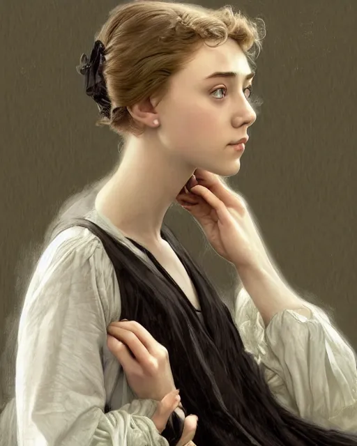 Image similar to a girl that looks like 16-year old Saoirse Ronan, Audrey Hepburn, and Scarlett Johansson, dressed in a nightgown, highly detailed, digital painting, artstation, concept art, smooth, sharp focus, illustration, ArtStation, alphonse mucha and J. C. Leyendecker and Edmund Blair Leighton Donato Giancola