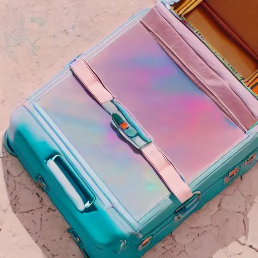 Image similar to a pastel coloured Polaroid holiday snap of a iridescent suitcase that it open and revealing rows of neatly folded socks