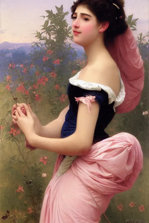 Image similar to princess peach, painting by william adolphe bouguereau