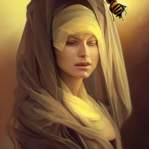 Image similar to portrait, female bene gesserit, bee keeper, veiled face, d & d, fantasy, intricate, elegant, highly detailed, digital painting, artstation, concept art, matte, sharp focus, illustration, art by artgerm and greg rutkowski and alphonse mucha