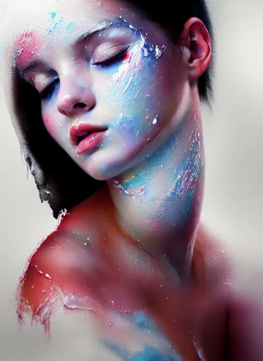 Prompt: beautiful young woman covered in white paint, in the style of irakli nadar, effervescent, warm, dark, watercolor, oil, deep mood, hyperrealism, epic and cinematic,