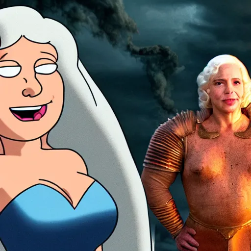 Prompt: A still of Lois Griffin from Family Guy as Daenerys Targaryen, smiling