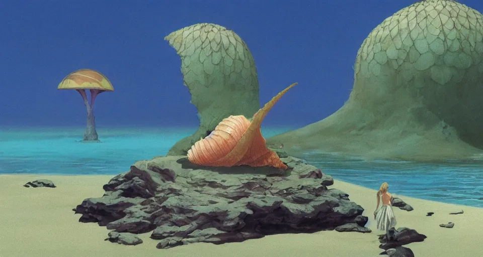 Image similar to a deserted island, giant seashell stands in the middle, surrounded by coral, a girl standing below, concept art by roger dean and john harris, atmospheric