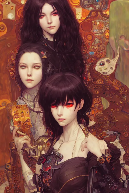 Prompt: portrait of beautiful young devil, cyberpunk, Warhammer, highly detailed, artstation, illustration, art by Gustav Klimt and Range Murata and Ilya Kuvshinov and Sakimichan