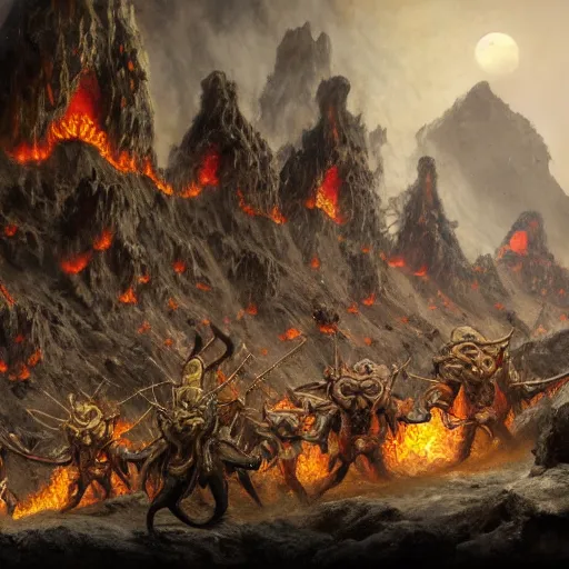 Image similar to an army of muppet demons flying out of a volcano with flag bearers and trumpeters, intricate detail, royo, vallejo, frazetta, giger, whealan, hd, unreal engine,