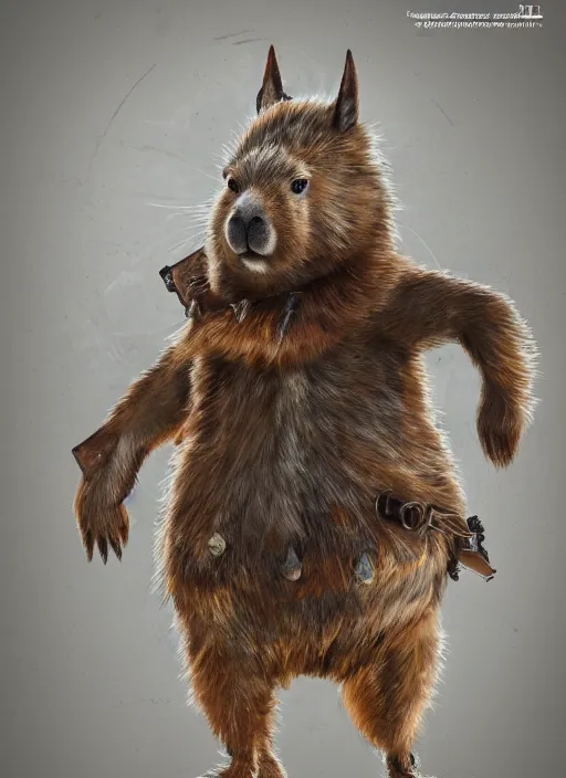 Prompt: detailed full body concept art illustration oil painting of an anthropomorphic capybara 007 in full intricate clothing, biomutant, dystopian, ultra detailed, digital art, octane render