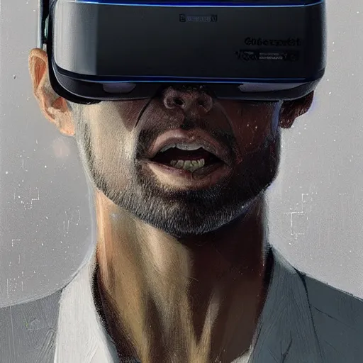 Image similar to Portrait of a man by Greg Rutkowski, symmetrical face, a young man using a VR headset, with a crooked smile, highly detailed portrait, scifi, digital painting, artstation, book cover, cyberpunk, concept art, smooth, sharp foccus ilustration, Artstation HQ