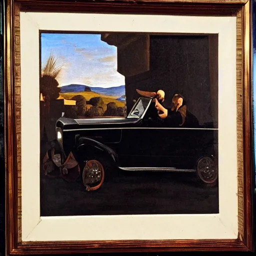 Image similar to a man in his car queuing in traffic, painted by caravaggio