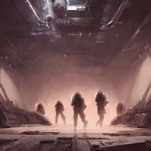 Image similar to concept art by greg rutkowski, soldiers in white and black futuristic tactical gear, running through the corridors of the ship, claustrophobic and futuristic, brutalistic environment, scifi, detailed and intricate environment, high technology, highly detailed portrait, digital painting, artstation, concept art, smooth, sharp foccus ilustration, artstation hq.