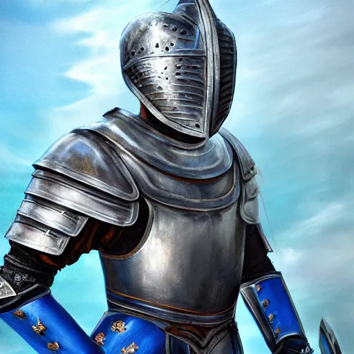 Prompt: knight wearing full blue armor, full helmet with ponytail, blue kiteshield and blue scimitar, matte painting, ultra high detail, realism, 8 k