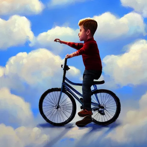 Prompt: A boy riding a bicycle flying through the clouds, painting, trending in artstation, artstationHD, artstationHQ, highly detailed, 4k