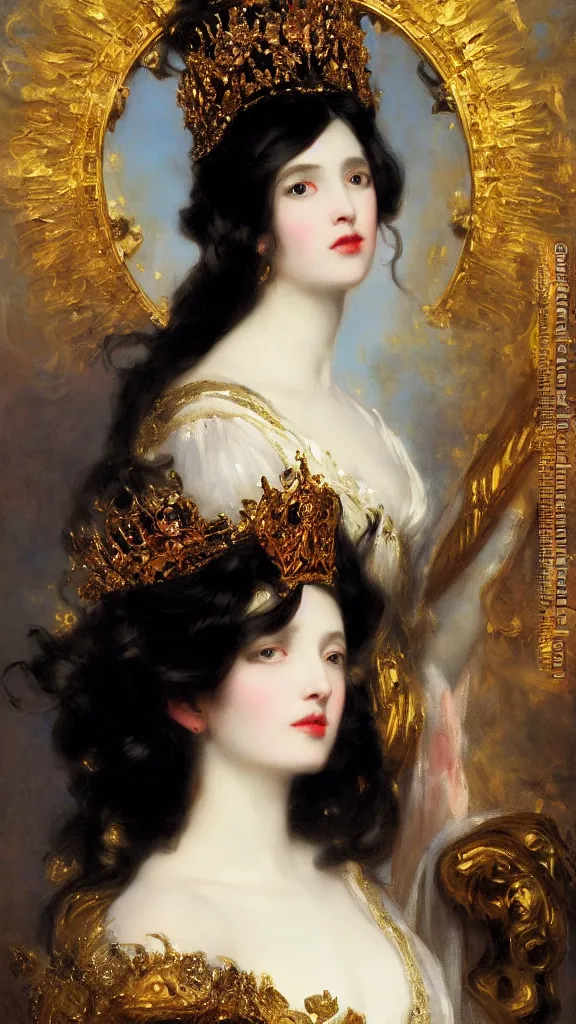 Prompt: a beautiful black haired woman with pale skin and a crown on her head sitted on an intricate metal throne by franz xaver winterhalter and delphin enjolras and rebecca guay