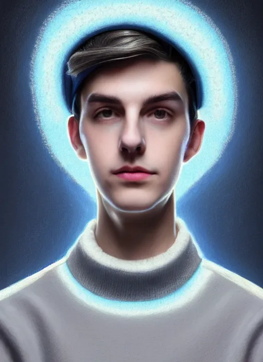 Image similar to portrait of teenage jughead jones wearing a light grey crown, crown, blue turtleneck, 1 9 5 0 s, closed eyes, photorealistic, black hair, glowing lighting, intricate, elegant, glowing lights, highly detailed, digital painting, artstation, concept art, smooth, sharp focus, illustration, art by wlop, mars ravelo and greg rutkowski