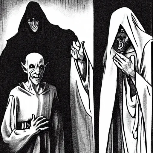 Image similar to jesus in white robes is standing behind nosferatu, about to sink his sharp teeth into nosferatu's neck. nosferatu has a halo over his head