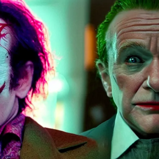 Image similar to stunning awe inspiring ( robin williams ) as the joker 8 k hdr movie still atmospheric lighting