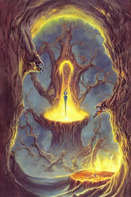 Image similar to a glowing portal to the underworld in a big old tree, concept art by boris vallejo