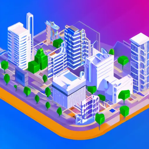 Image similar to isometric low poly city landscape of a lush and bright futuristic city, full of white buildings and futuristic cars, bright blue sky