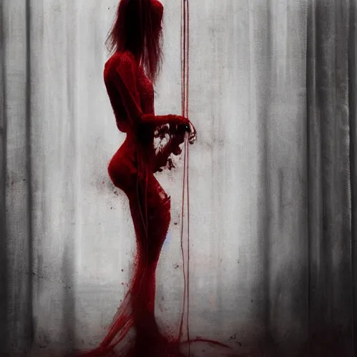 Image similar to pelham puppet behind red curtains, by Conrad Roset and Brooke Shaden and Nicola Samuri , medium shot, rule of thirds, seductive look, beautiful, intricate, dystopian, sci-fi, extremely detailed, digital painting, artstation, concept art, smooth, sharp focus, intimidating lighting, incredible art, details visible, very dark ambiance