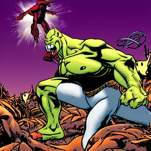 Image similar to the maxx stomping on spider - man in the outback