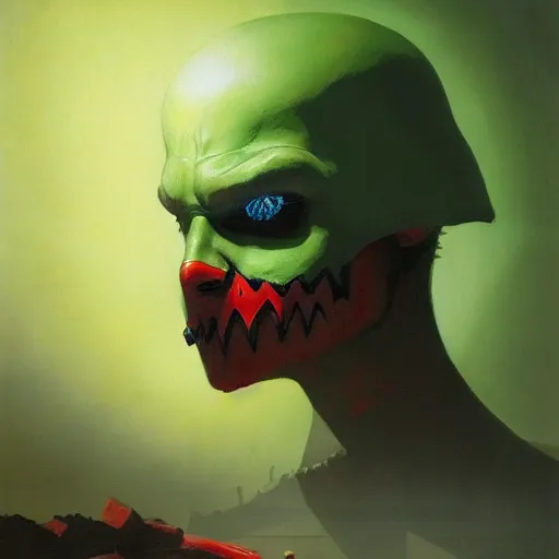 Image similar to 4k headshot of Spawn from Macfarlane comics , killing with green fire by Craig Mullins, ilya kuvshinov, krenz cushart, epic , artgerm trending on artstation by Edward Hopper and Dan Mumford and WLOP and Rutkovsky, beksinski carl spitzweg moebius and tuomas kocar, intricate artwork by caravaggio, Unreal Engine 5, Lumen, Nanite , 4K headshot of godlike clown with defined arms and open hands and bloody clothes with giant mandala wings , intricate face , flawless anime cel animation by Kentaro Miura, psychedelic , highly detailed upper body , professionally post-processed , beautiful, scary, symmetry accurate features, epic, octane rendered, anime masterpiece, accurate