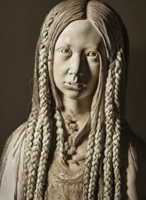 Prompt: a marble statue masterpiece of a daughter of the moon clan, with long, black, braided hair. standing in an old museum. nightime, low light, dark forest. strong, dabbled light falls on her face. full body portrait photo. macro detailed oily skin. highly detailed, sharpness. victorian dress. hyper realistic.