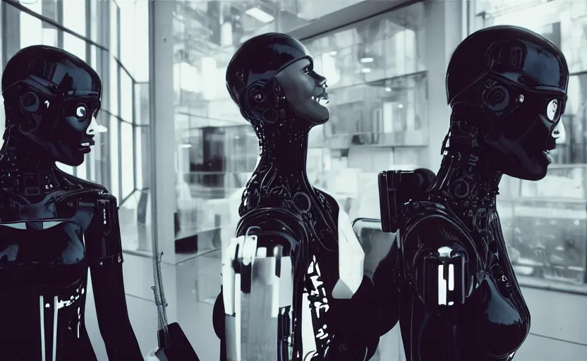 Image similar to cinestill 5 0 d photographic portrait by helen levitt of two loving female cyborgs wearing black techwear in a retrofuturist liminal office, extreme closeup, modern cyberpunk, garden terraces, 8 k, hd, high resolution, 3 5 mm, f / 3 2, ultra realistic faces, intricate detail, ex machina