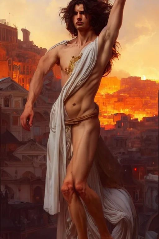 Image similar to full body portrait of beautiful greek god, standing amidst a blazing city, tattered robes, by terry o'neill intricate, elegant, highly detailed, digital painting, glistening skin, artstation, concept art, smooth, sharp focus, bright lighting, illustration, art by artgerm and greg rutkowski and alphonse mucha, 8 k