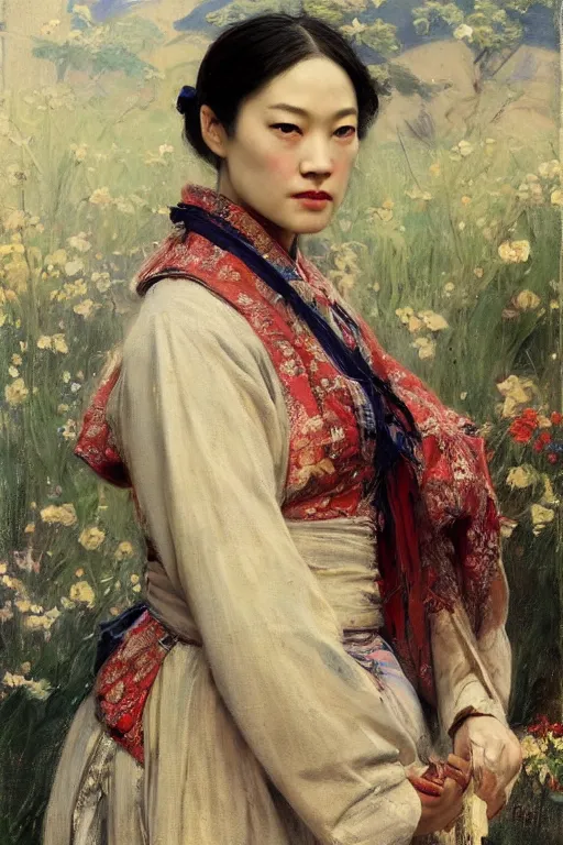 Image similar to Yvonne Strahovski by Solomon Joseph Solomon and Richard Schmid and Jeremy Lipking victorian genre painting full length portrait painting of 张国荣 in traditional costume