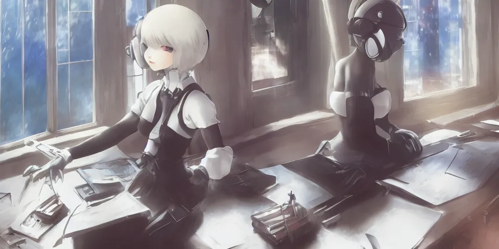 Image similar to 2b from nier automata sitting at a desk studying with cat ear headphones on, background is a tinted window looking out into a gigantic white church, Ghibli studio art, by Hayao Miyazaki, high quality anime, digital art, detailed facial features, imaginary slice of life