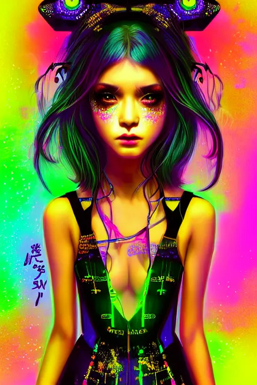 Image similar to An extremely beautiful neon-noir kawaii decora highly detailed HD portrait of a young attractive woman with a silky bio-luminiscent Aetherpunk dress, neo-cyberpunk, professionally painted digital art illustration, smooth, sharp focus, atmospheric lighting, highly detailed illustration highlights, golden ratio, symmetrical facial features, extremely detailed winning award masterpiece, very coherent symmetrical artwork, sense of awe, 8K post-processing, trending on artstation flawless, prismatic highlights, telephoto, depth of field, cinematic, macro, concept art, wepa digital, elegant, epic, octane render, v-ray, C4D