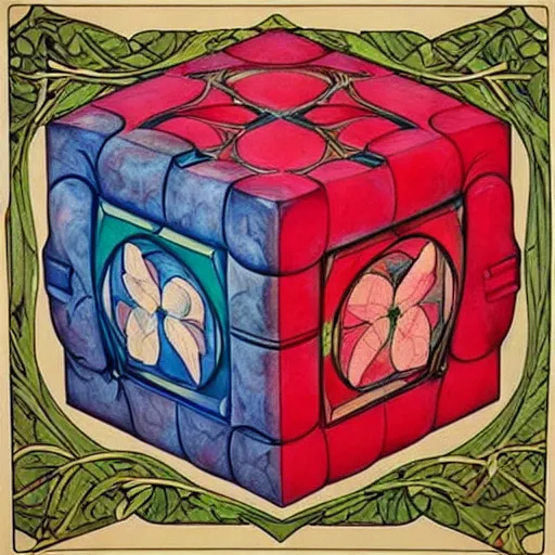 Image similar to beautiful art nouveau painting of companion - cube!!!!!!!!!!!!!!!!! companion - cube!!!!!!!!!!!!!!!!!, by william morris, gaudy colors. intricate linework. sharp edges.