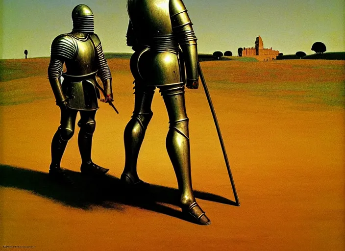 Image similar to knight in armor searching with a metal detector, rome, highly detailed, soft lighting, elegant, works by edward hopper and james gillard, zdislaw beksinski, stephen outram, andreas m wiese, highly detailed