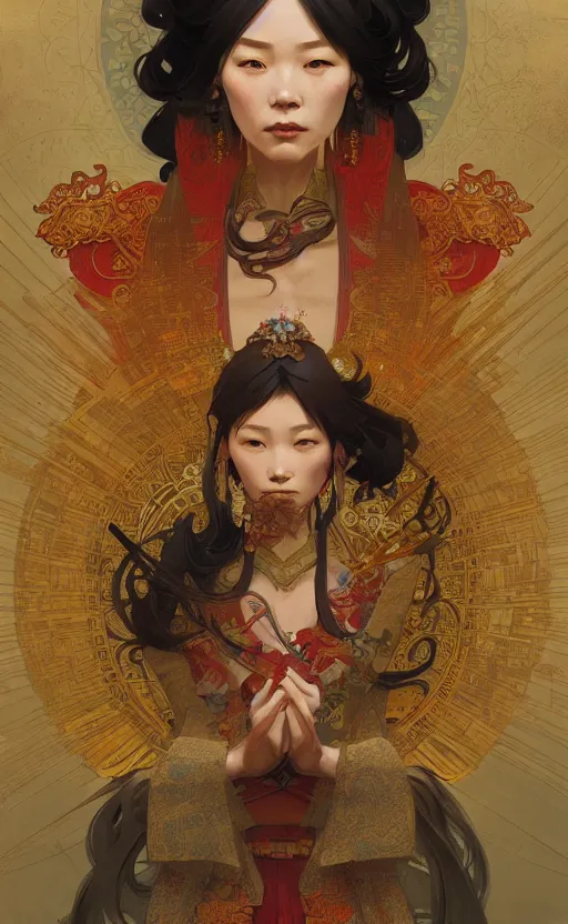 Image similar to personification of china, highly detailed, digital painting, artstation, concept art, sharp focus, illustration, art by greg rutkowski and alphonse mucha