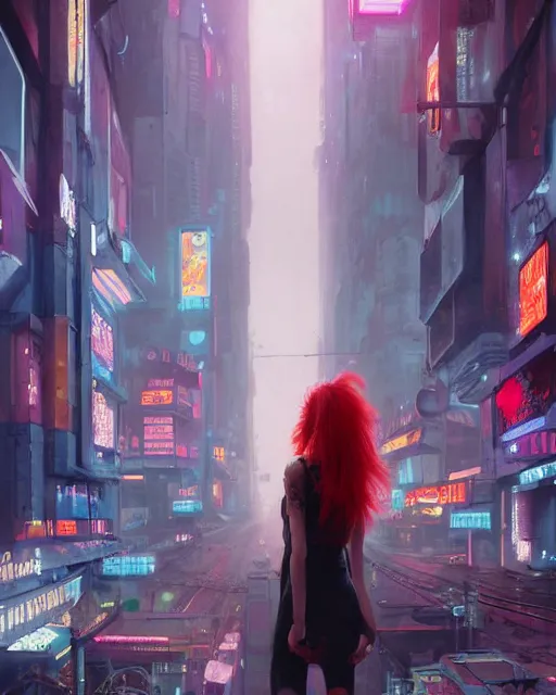 Image similar to a highly detailed epic cinematic concept art CG render digital painting artwork: A girl with a red hair in neon cyberpunk city. By Greg Rutkowski, in the style of Francis Bacon and Syd Mead and Norman Rockwell and Beksinski, open ceiling, highly detailed, painted by Francis Bacon and Edward Hopper, painted by James Gilleard, surrealism, airbrush, Ilya Kuvshinov, WLOP, Stanley Artgerm, very coherent, triadic color scheme, art by Takato Yamamoto and James Jean