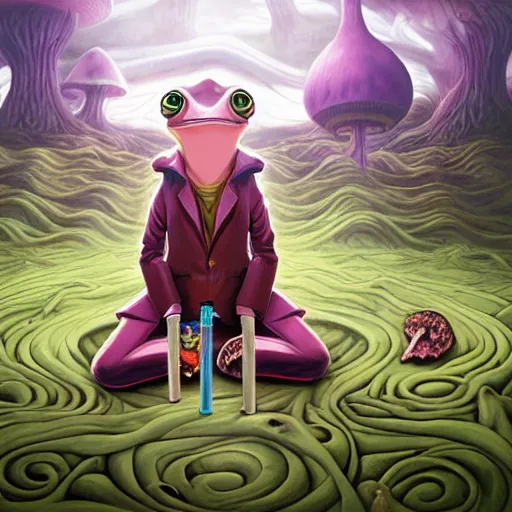 Image similar to A centered chest up portrait of a psychedelic lovecraftian godlike anthropomorphic frog smoking a hand-rolled cigarette smoking heavily , magic mushroom village in background . award winning. superb resolution. in the art style of junji Ito and greg rutkowski . Detailed Mushroom city in background. Hyper realistic anime. Perfect art. Dalle2