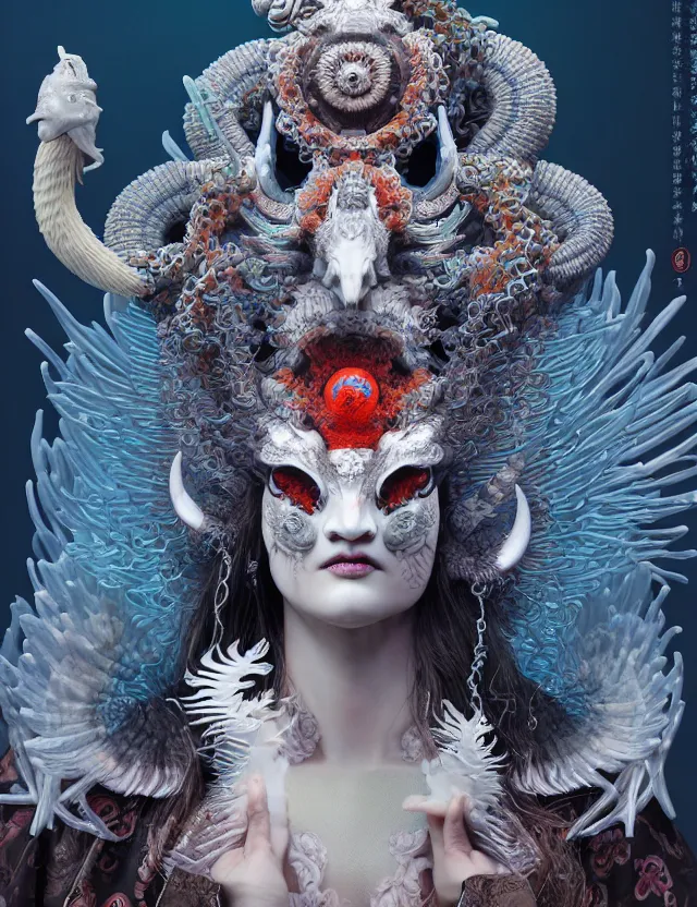 Image similar to 3 d goddess of hell close - up profile portrait with ram skull. beautiful intricately detailed japanese crow kitsune mask and clasical japanese kimono. betta fish, jellyfish phoenix, bio luminescent, plasma, ice, water, wind, creature, artwork by tooth wu and wlop and beeple and greg rutkowski