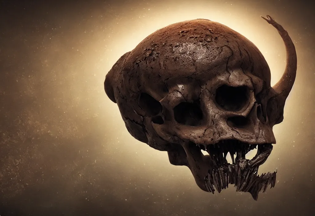 Image similar to eldritch animal alien skull in a dessert in mars, photorealistic, film, cinematic lighting, octane tender, volumetric light, dark - art