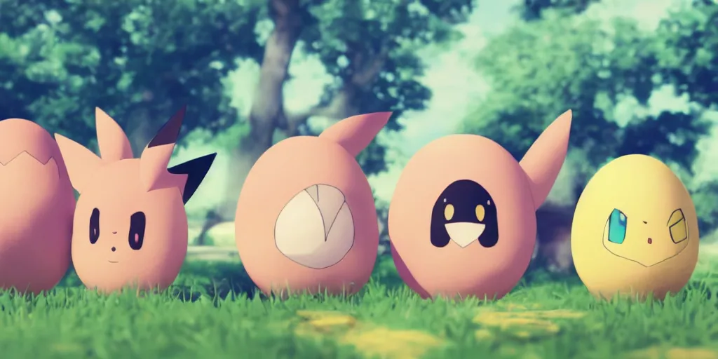 Image similar to real life pokemon egg group, cute!!!, content!!!, mischievous!!!, adorable!!!, fluffy!!!, ultra realistic!!!, golden hour, sharp focus, tiny amount of chromatic aberration