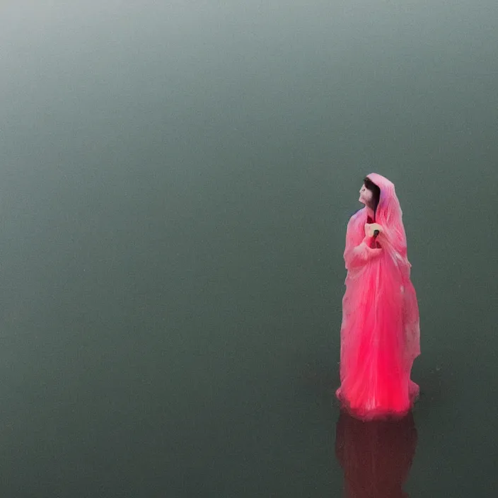 Prompt: a closeup portrait of a woman wrapped in plastic, standing next to a levitating ruby triangle, in a foggy pond, color photograph, by vincent desiderio, canon eos c 3 0 0, ƒ 1. 8, 3 5 mm, 8 k, medium - format print