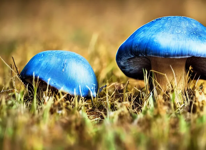 Prompt: a large blue mushroom in a field, photography, nature, 4 k, hd, depth of field