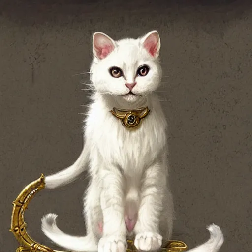 Prompt: A cute heraldic white kitty cat queen posing with one paw pointing slightly up, D&D, fantasy, intricate, cinematic lighting, highly detailed, digital painting, artstation, concept art, smooth, sharp focus, illustration, art by Akihiko Yoshida, Greg Rutkowski and Alphonse Mucha