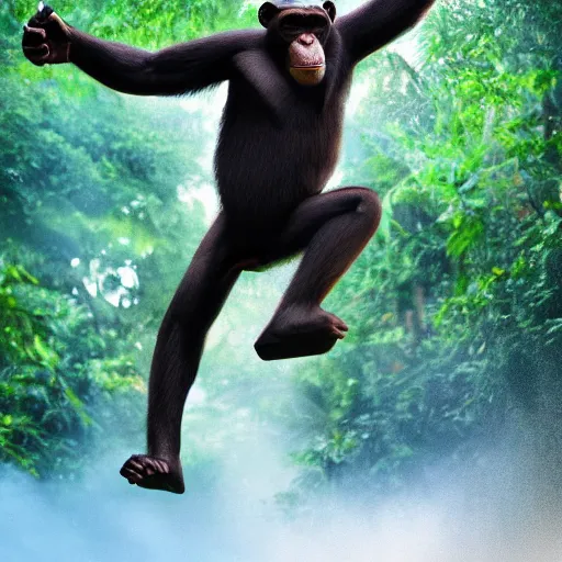 Image similar to Angry Chimpanzee Jumping, Epic Jump, Cinematic Photo, Cinematic Shot, Jungle, Foliage Boris Vallejo, Epic, 8k resolution, ArtStation, Hyperrealistic