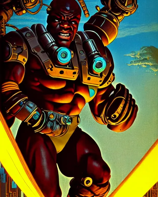 Image similar to doomfist from overwatch, character portrait, portrait, close up, concept art, intricate details, highly detailed, vintage sci - fi poster, retro future, vintage sci - fi art, in the style of chris foss, rodger dean, moebius, michael whelan, and gustave dore