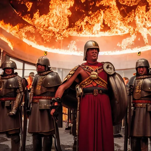 Image similar to cinematic shot of Legatus Lanius surrounded by ancient Roman soldiers standing inside of a burning casino, 8k, epic, dslr,