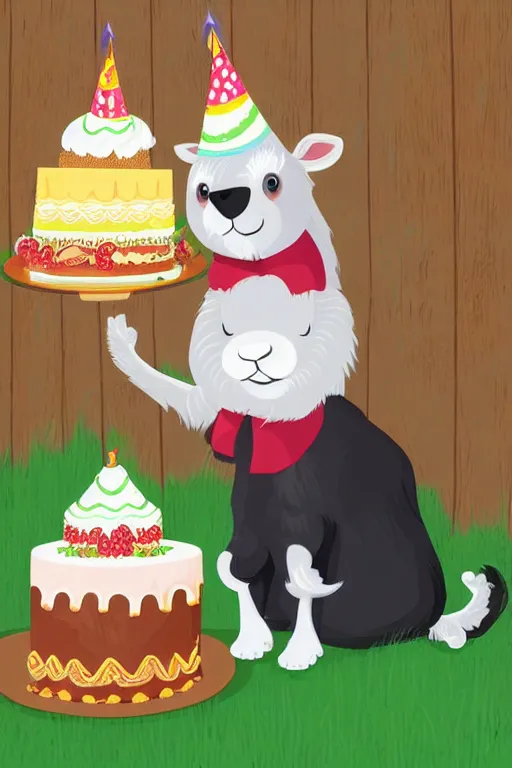 Prompt: an elderly goat with a long white beard, sitting in front of a birthday cake, in the style of a children's book illustration, cute, highly detailed digital art