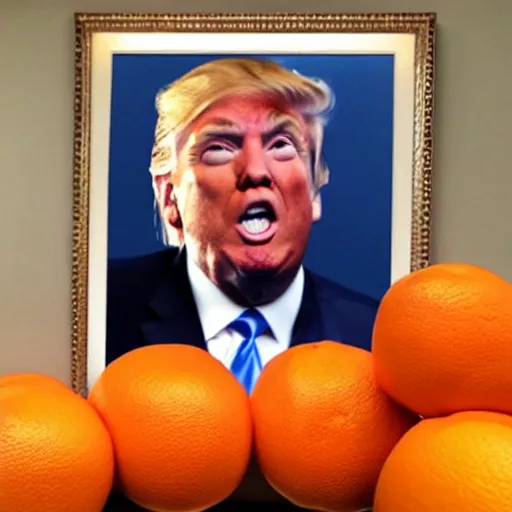Prompt: donald trump with an head made out of oranges