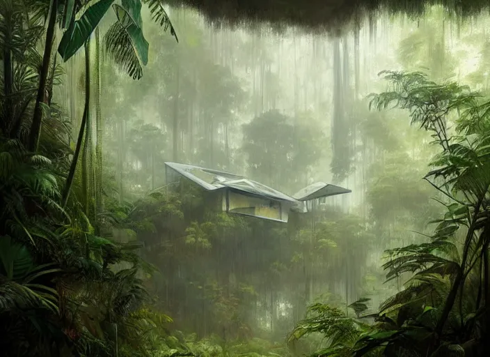 Image similar to a beautiful painting the insides of a geodesic house in a moist tropical rainforest, by greg rutkowski, realism, artstation, nature